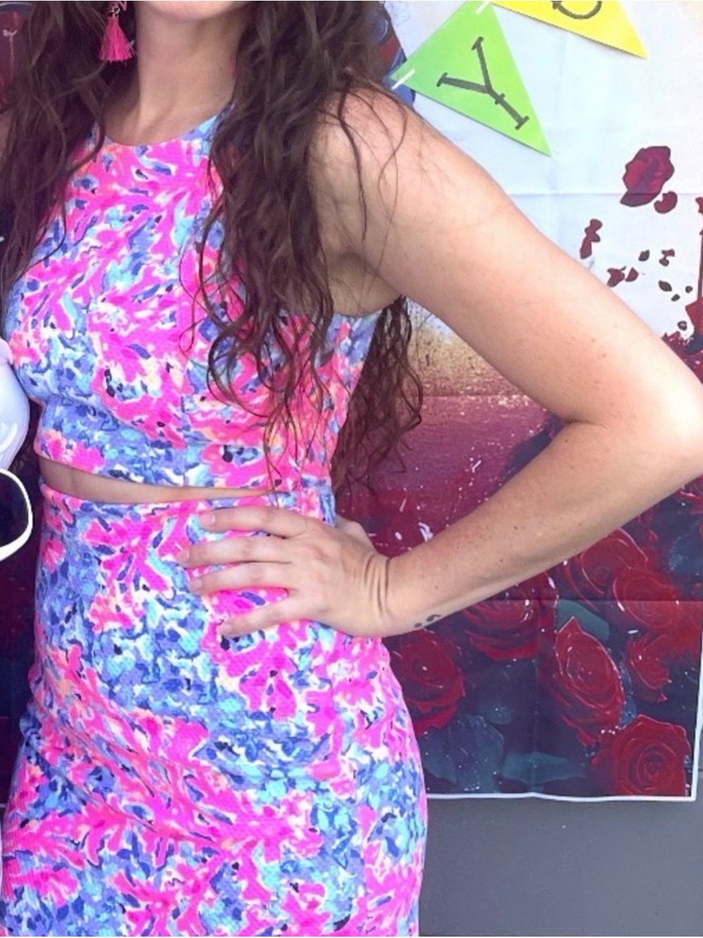 Lilly Pulitzer Neon Coral, Blue & Purple Two-Piece Crop Top and Skirt Set